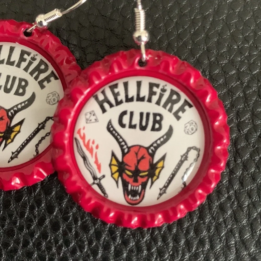 Hellfire Club. Stranger things. handcrafted bottle Cap Earrings. - Picture 2 of 12